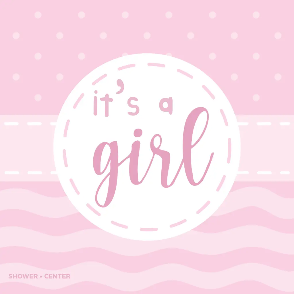 Tarjeta de invitación a baby shower con mensaje Es Una Niña colores rosa