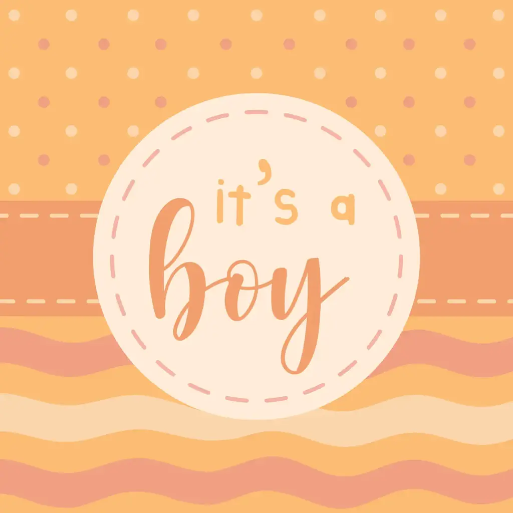 Baby shower invitation with playful message introducing a baby boy in shades of joyful orange