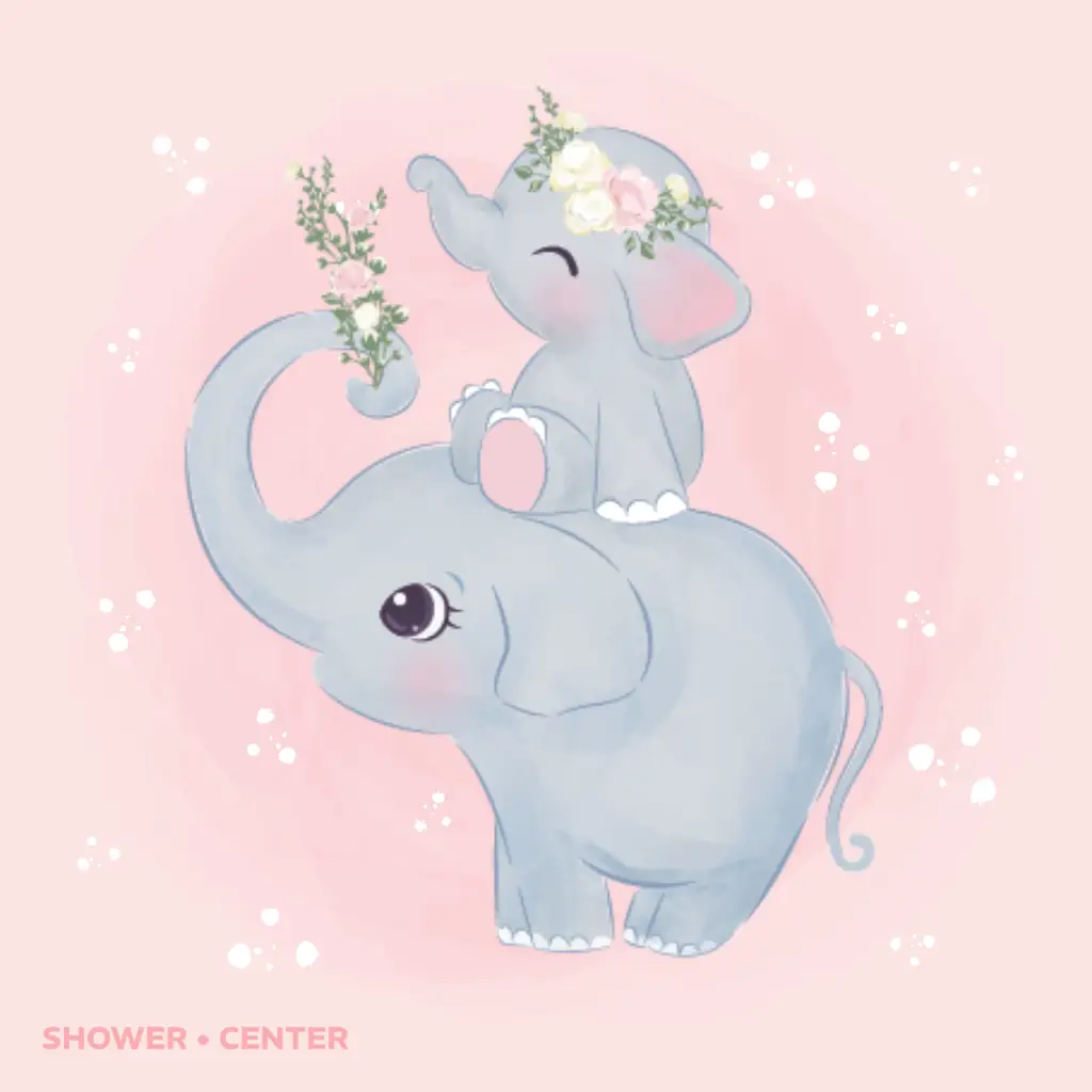 Tarjeta de invitación a baby shower con familia de elefantes color rosa