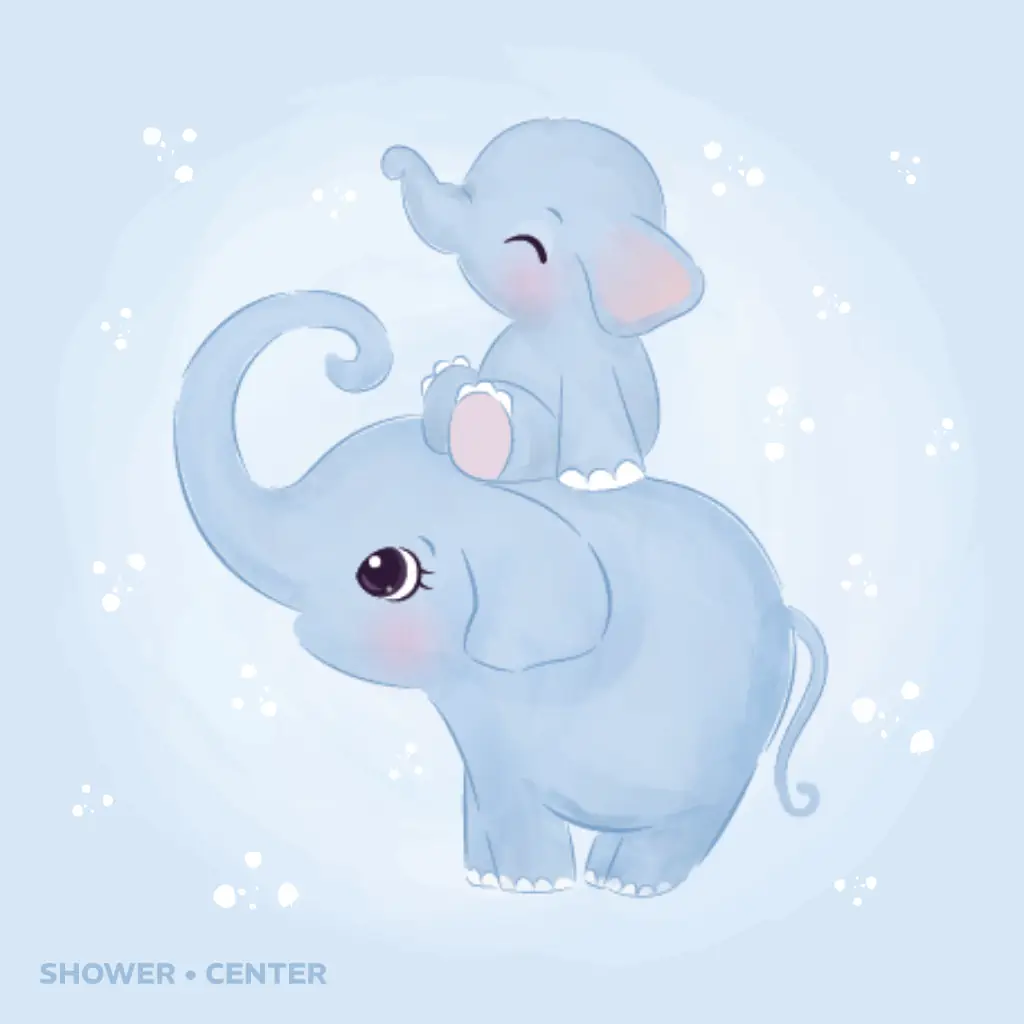 Tarjeta de invitación a baby shower con familia de elefantes azules