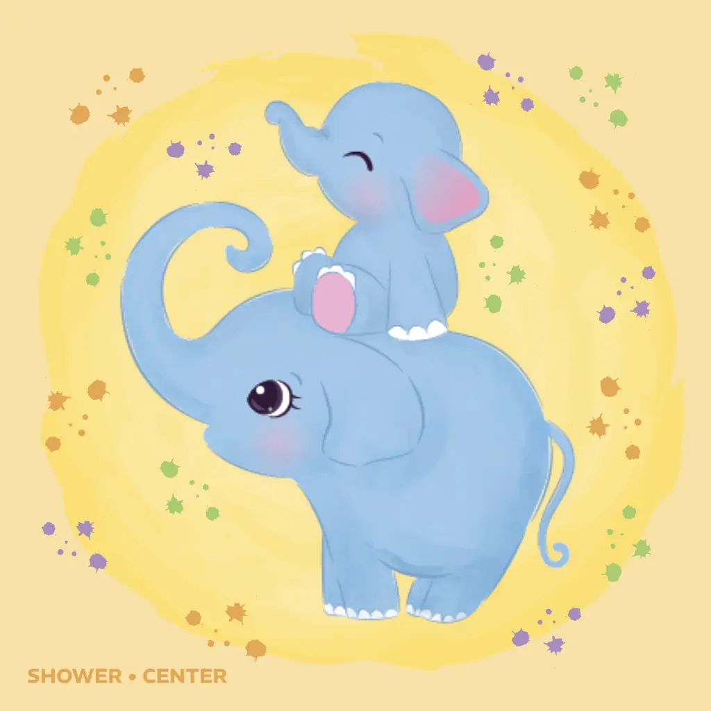 Tarjeta de invitación a baby shower con familia de elefantes coloridos