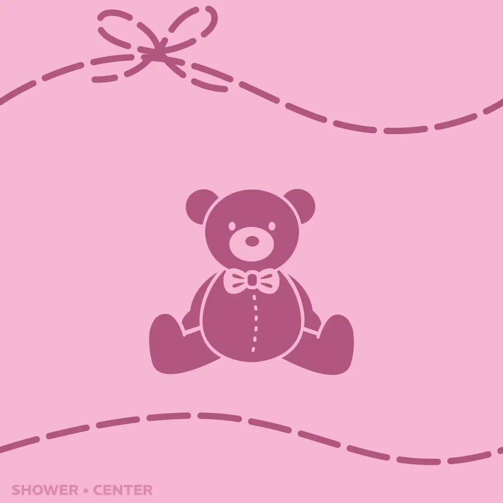 Tarjeta de invitación a baby shower con oso color rosa