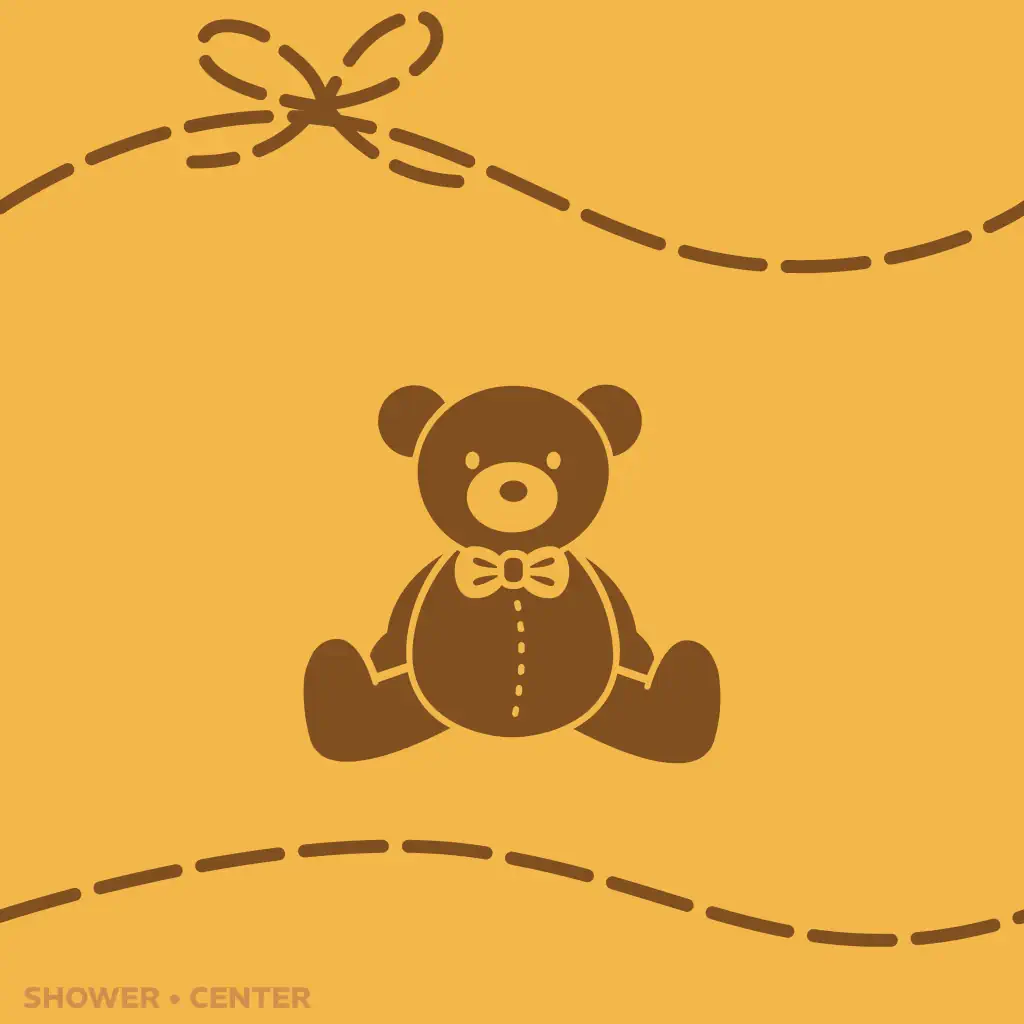 Tarjeta de invitación a baby shower con oso colorido amarillo