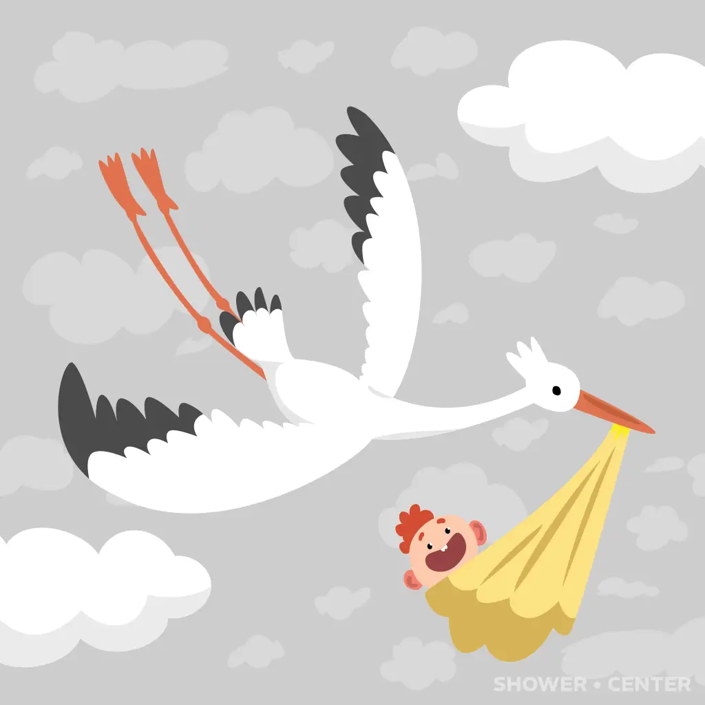 Tarjeta de invitación a baby shower con cigüeña volando con bebé, color neutro
