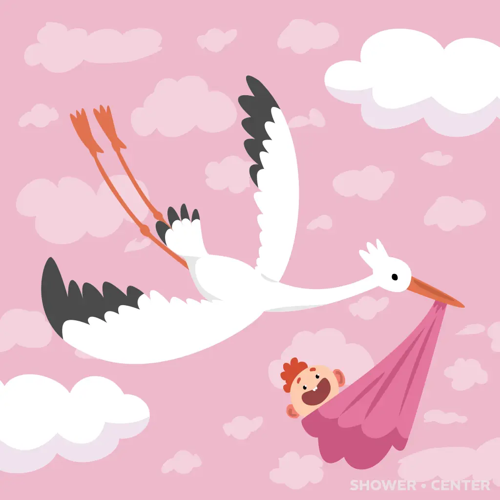 Tarjeta de invitación a baby shower con cigüeña volando con bebé, color rosa