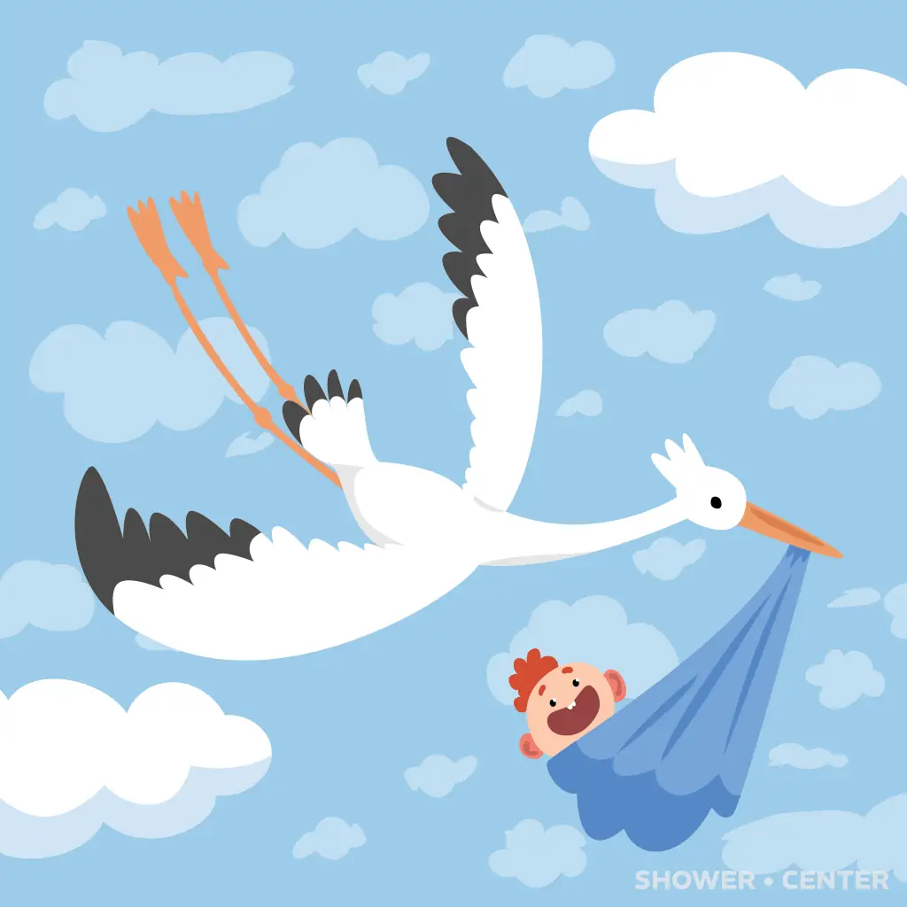 Tarjeta de invitación a baby shower con cigüeña volando con bebé, color azul