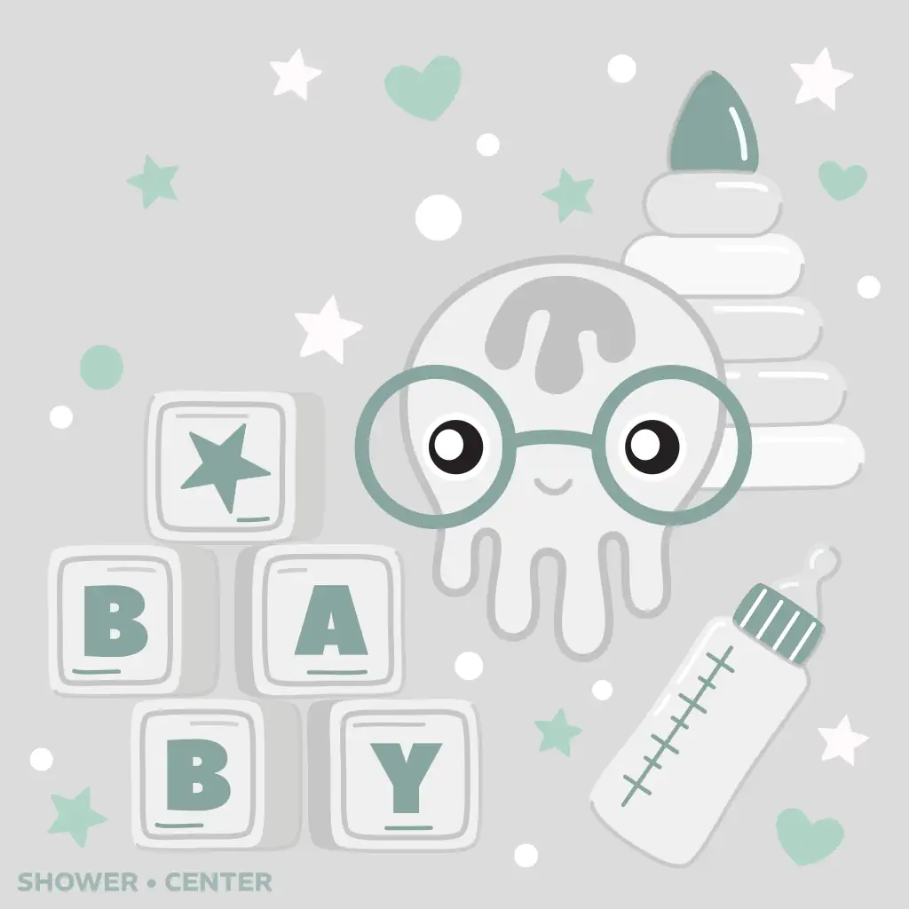 Baby shower invitation with tender and endearing baby monster, Curiosy, in soothing neutral shades, a heartwarming presence of comfort