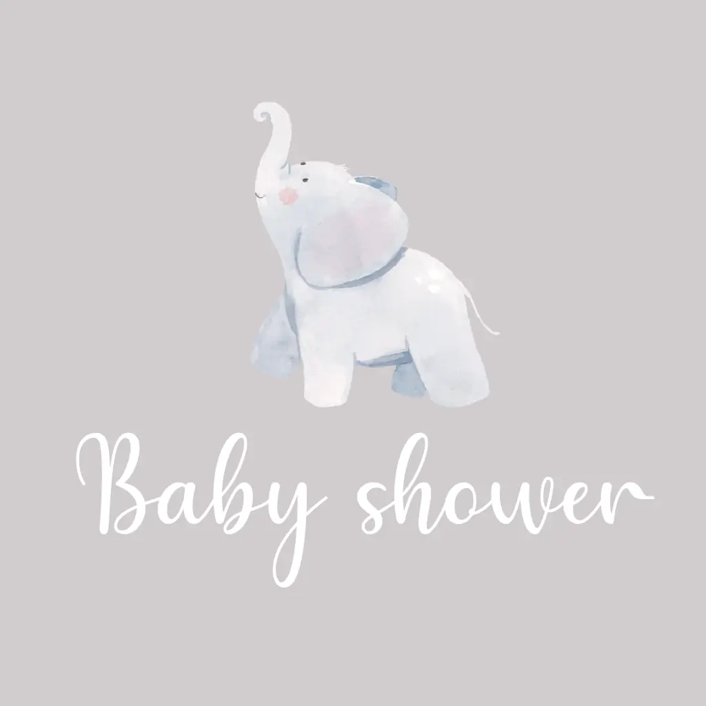 Tarjeta de invitación a baby shower con dibujo en acuarela de elefante colores neutros