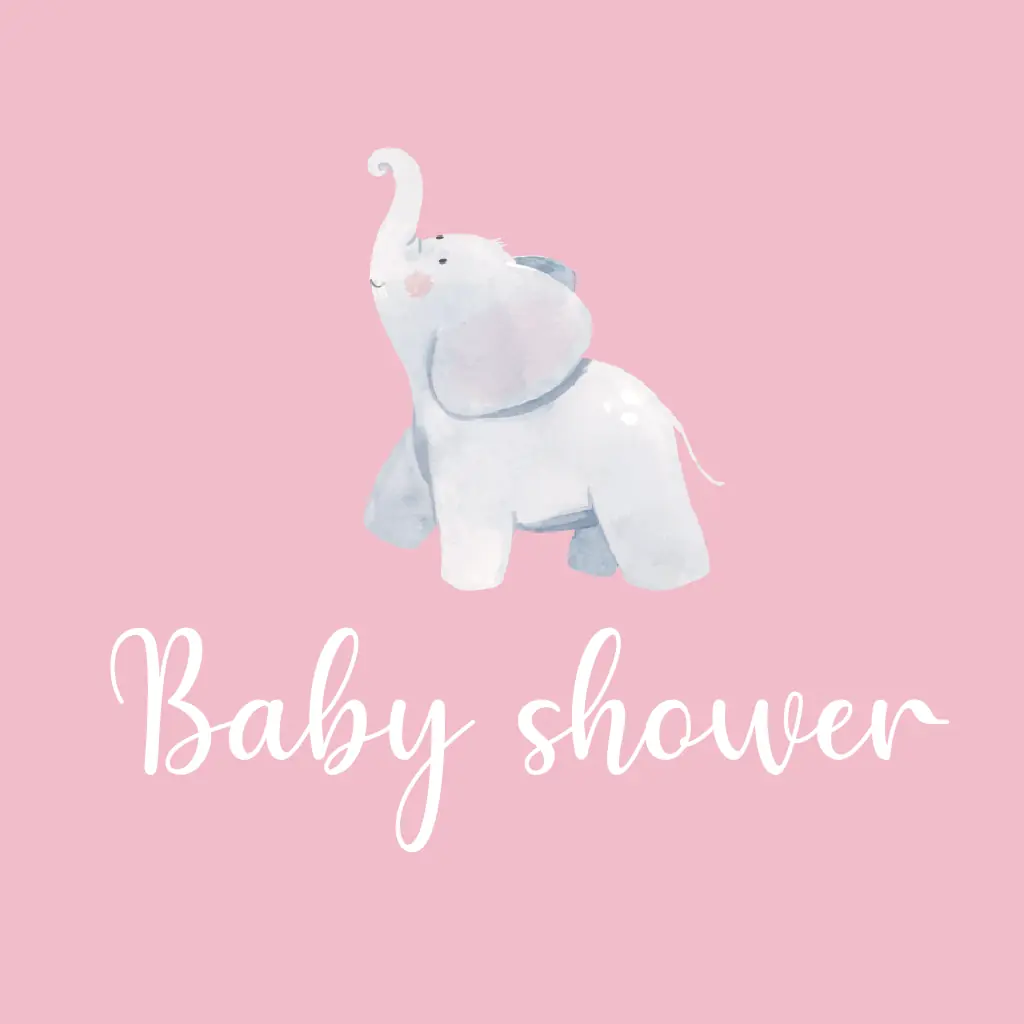 Tarjeta de invitación a baby shower con dibujo en acuarela de elefante rosa, para niña