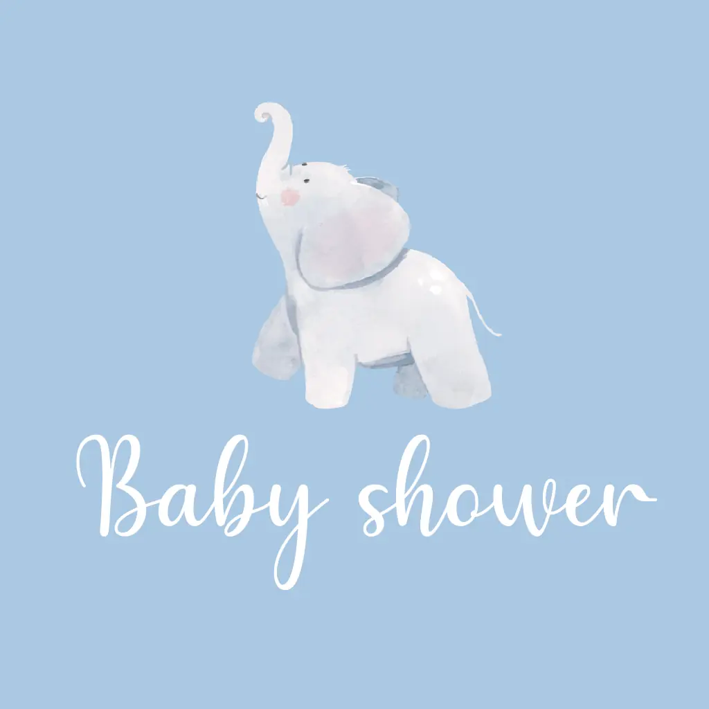Tarjeta de invitación a baby shower con dibujo en acuarela de elefante azul, para niño