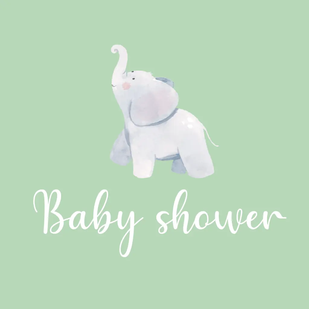 Tarjeta de invitación a baby shower con dibujo en acuarela de elefante con fondo verde