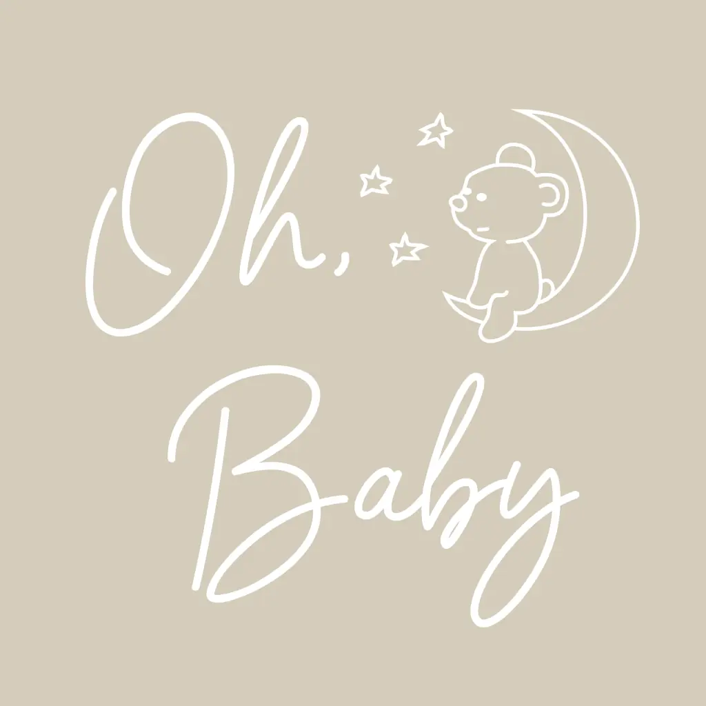 Baby shower invitation with tender scene: "Oh baby" and a huggable teddy bear share a heartwarming moment perched on the moon, creating a truly heart-touching visual in soft, neutral shades.