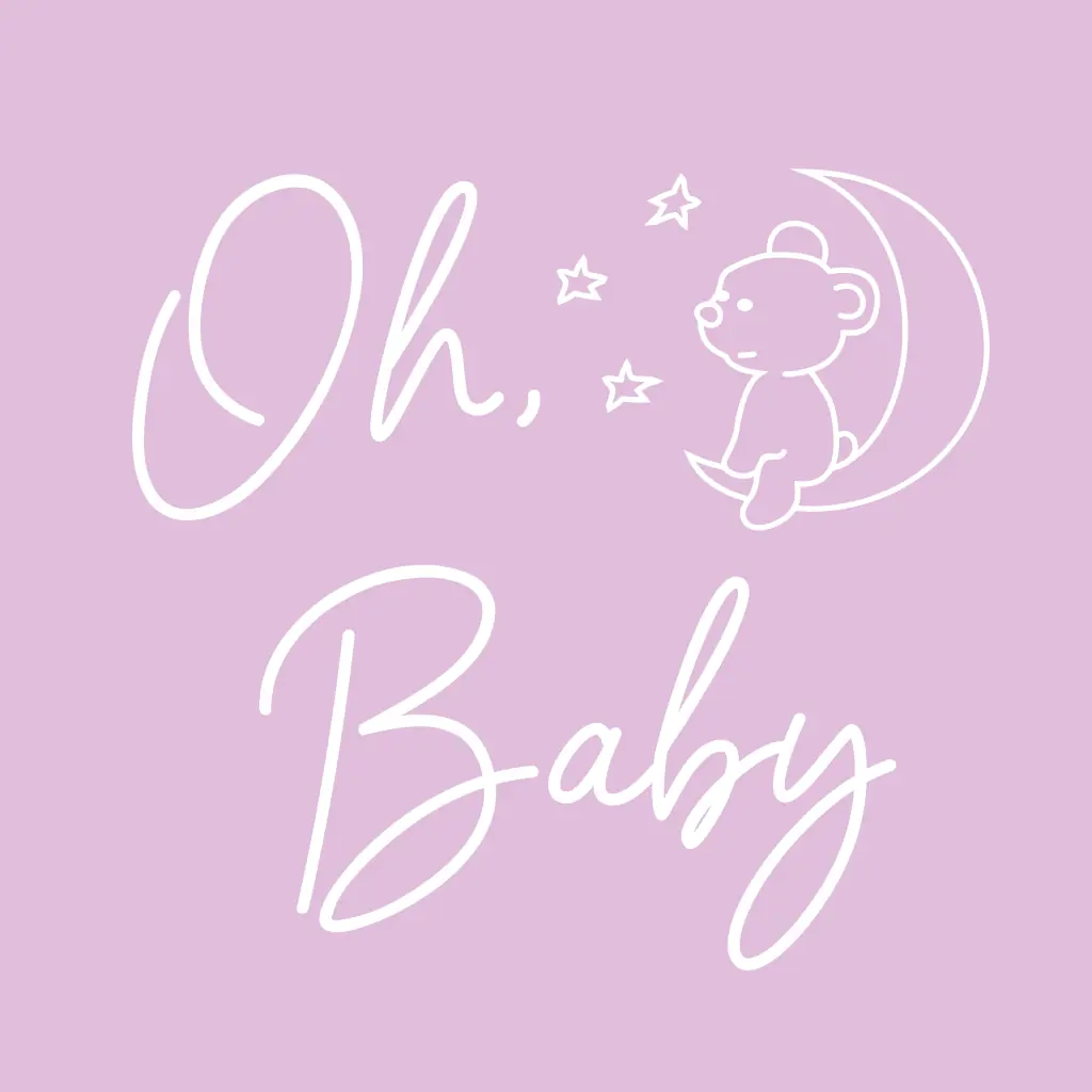 Tarjeta de invitación a baby shower con frase Oh baby y osito sentado en la luna, color rosa, para niña