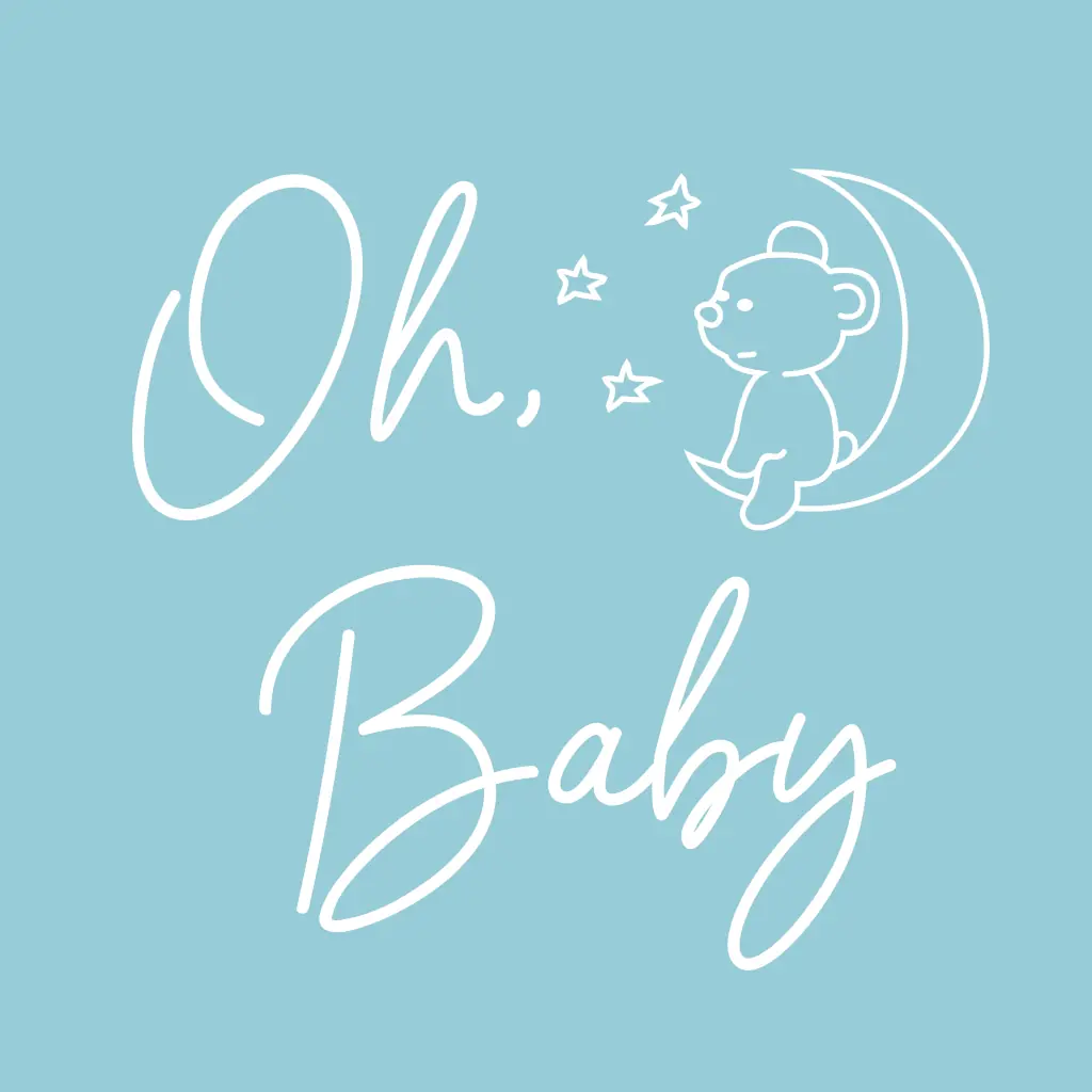 Tarjeta de invitación a baby shower con frase Oh baby y osito sentado en la luna, color azul, para niño