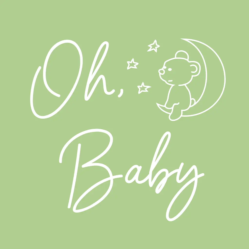 Baby shower invitation with wholesome and nature-inspired composition: "Oh baby" and a lovable teddy bear bask in the glow of the moon, set against a backdrop of soothing green tones that evoke a sense of tranquility and growth.