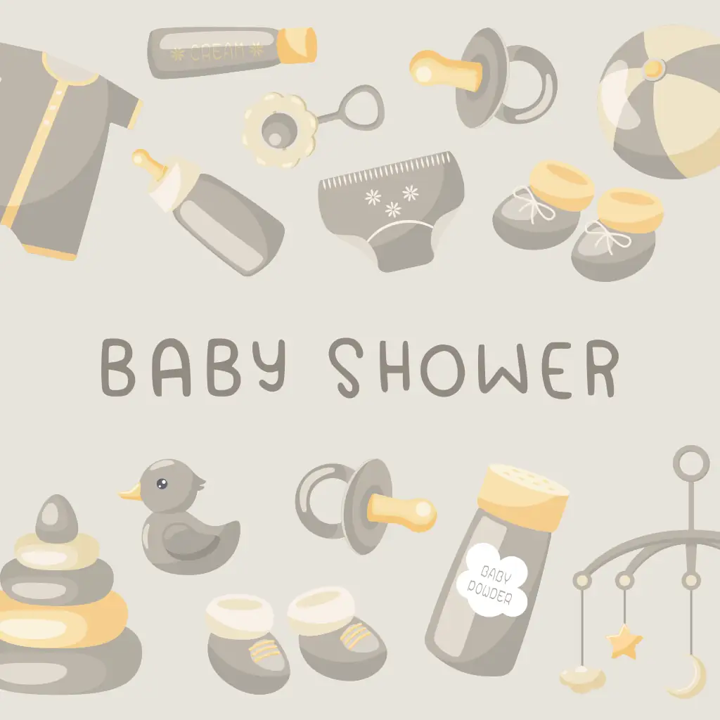 Baby shower invitation with cute toys in neutral colors, sparking imagination and creativity in every play session
