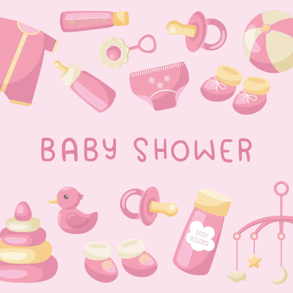 Tarjeta de invitación a baby shower con juguetes adorables en tonos rosa