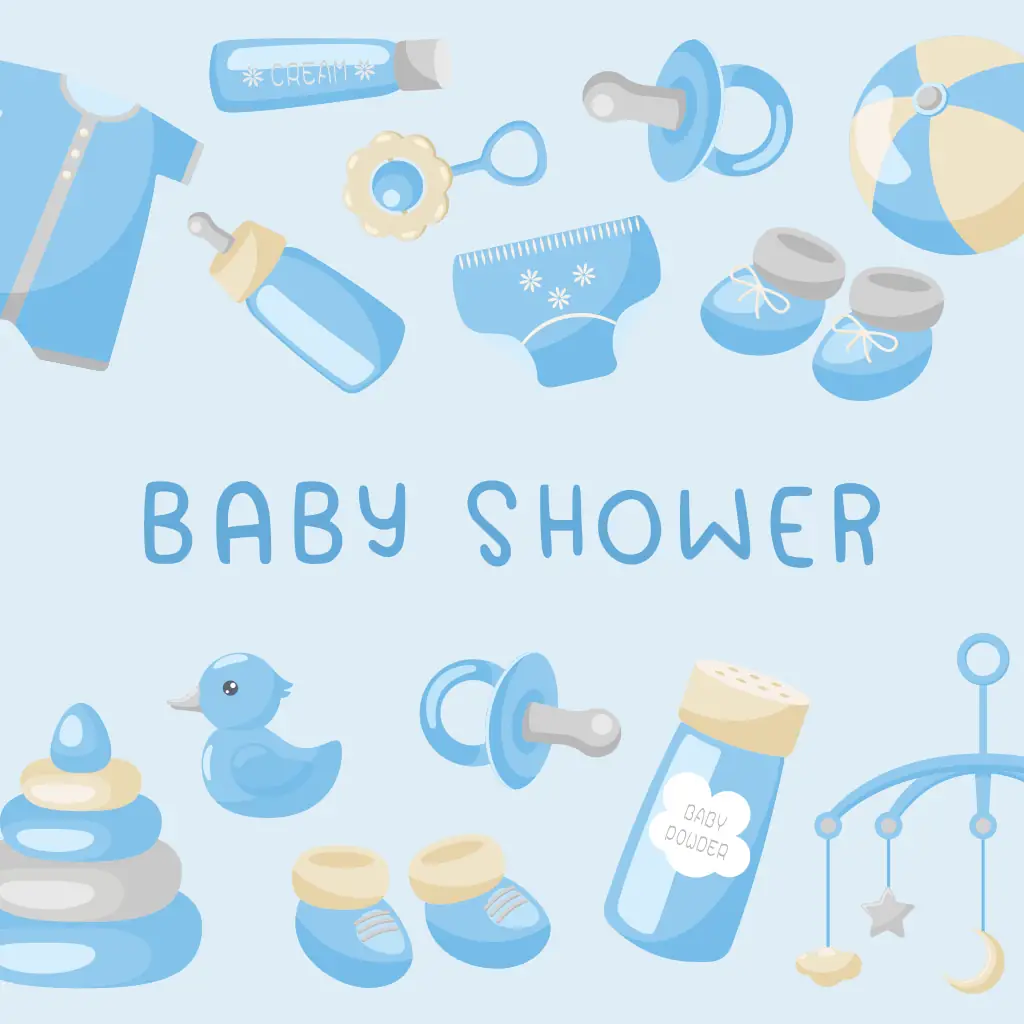 Baby shower invitation with charming toys in blue tones, encouraging imaginative play and endless adventures